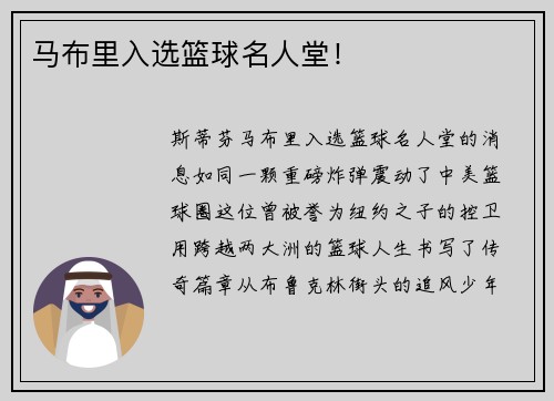 马布里入选篮球名人堂！